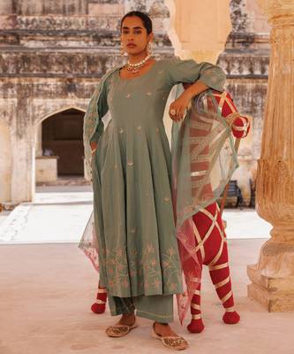sage green embroidered cotton anarkali suit set 5