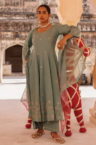 sage green embroidered cotton anarkali suit set