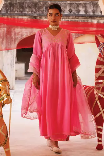 pink embroidered chanderi kurta pant set