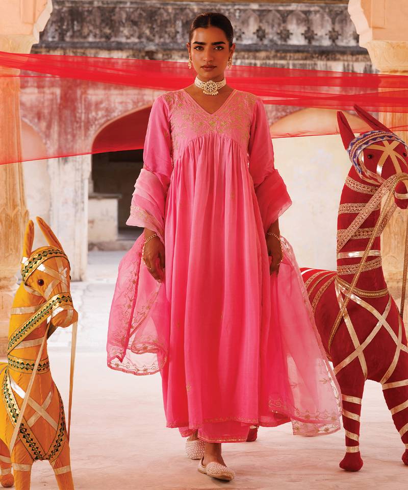 Pink embroidered chanderi kurta set