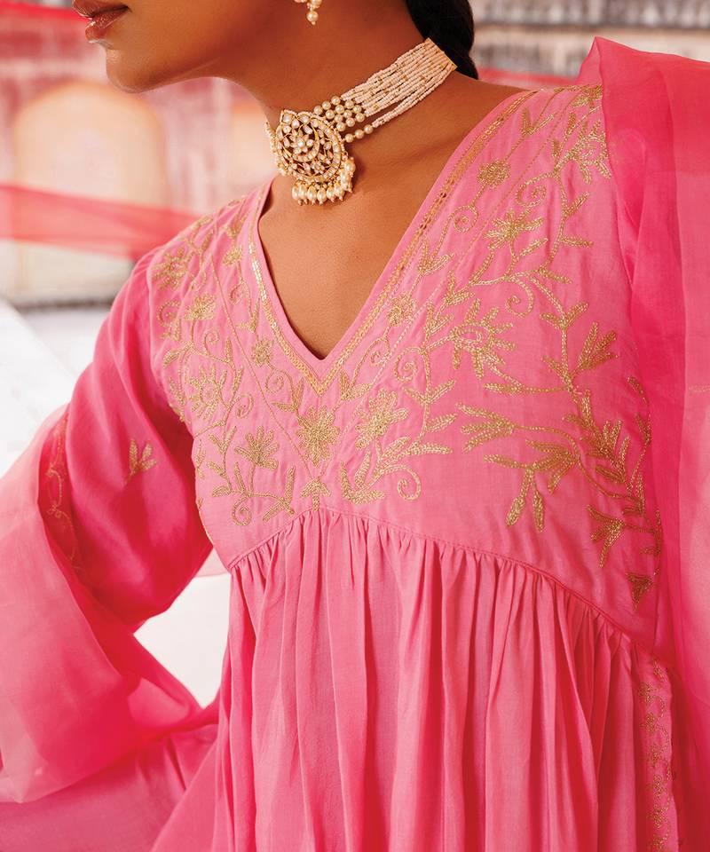 Pink embroidered chanderi kurta set