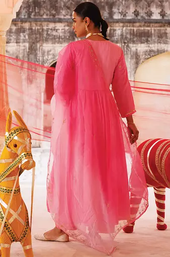 pink embroidered chanderi kurta pant set