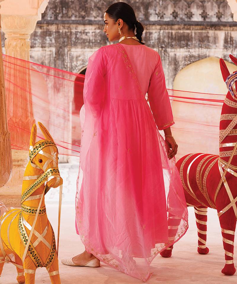 Pink embroidered chanderi kurta set
