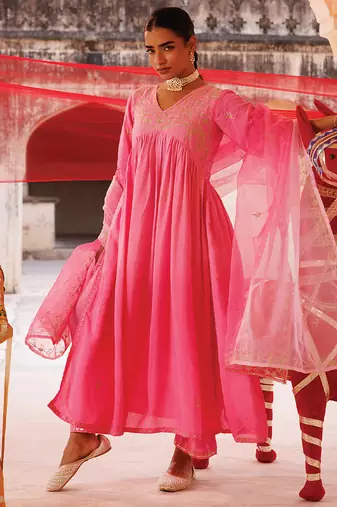 pink embroidered chanderi kurta pant set