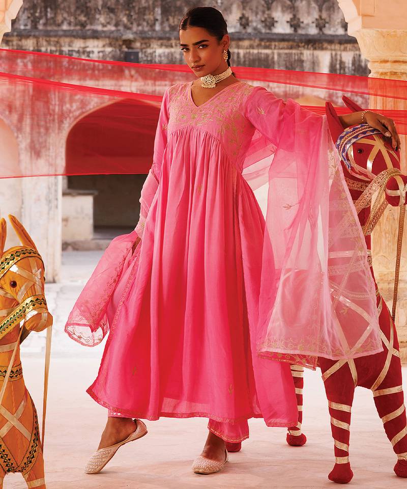 Pink embroidered chanderi kurta set