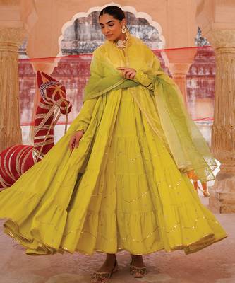 green embroidered cotton anarkali suit set 1