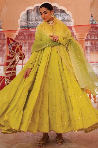 Green embroidered cotton anarkali set