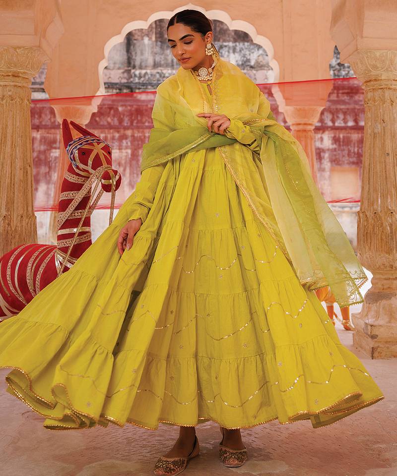 Green embroidered cotton anarkali set