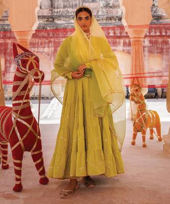 green embroidered cotton anarkali suit set 2