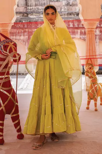 green embroidered cotton anarkali suit set