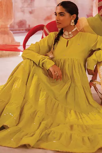 green embroidered cotton anarkali suit set