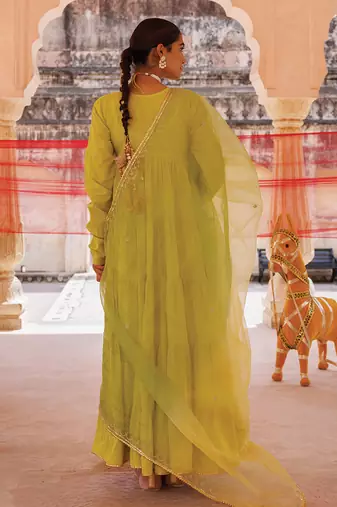 green embroidered cotton anarkali suit set