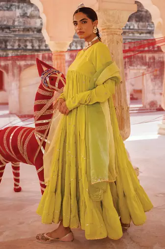 green embroidered cotton anarkali suit set