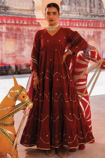 Maroon embroidered cotton anarkali set