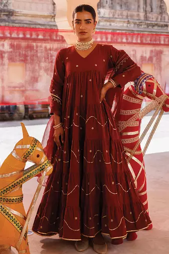 Maroon embroidered cotton anarkali set