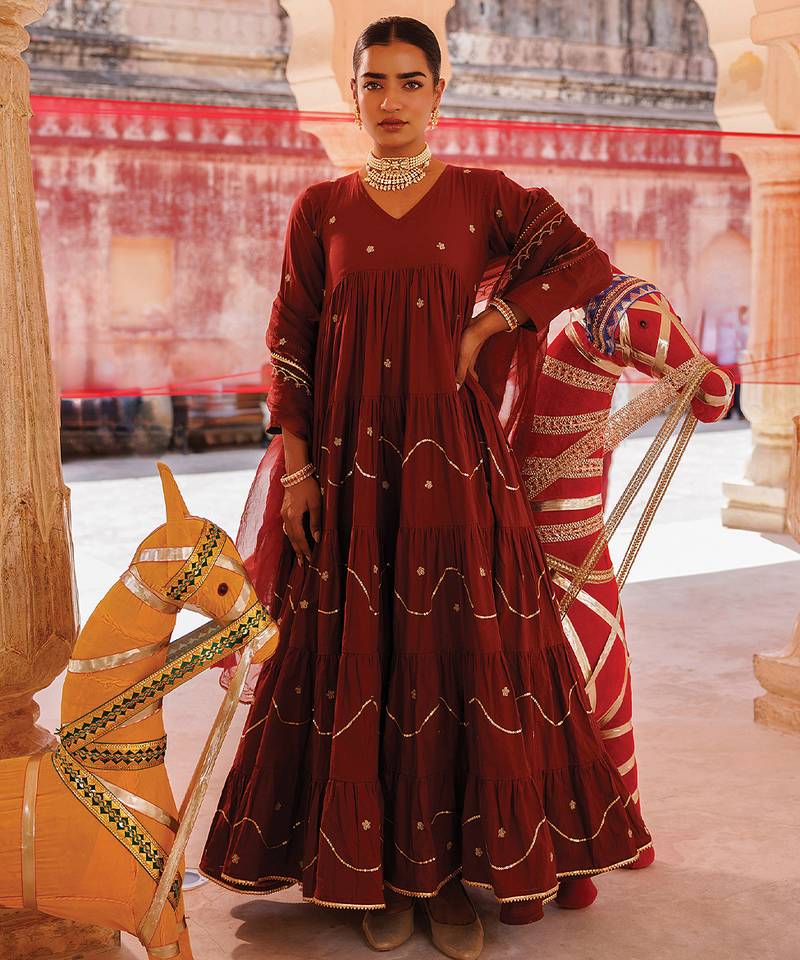 Maroon embroidered cotton anarkali set