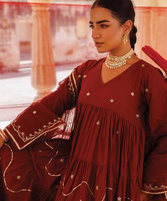maroon embroidered cotton anarkali dress 2