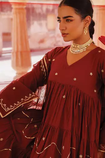 maroon embroidered cotton anarkali dress