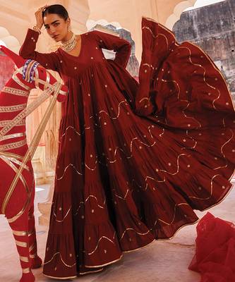 maroon embroidered cotton anarkali dress 3
