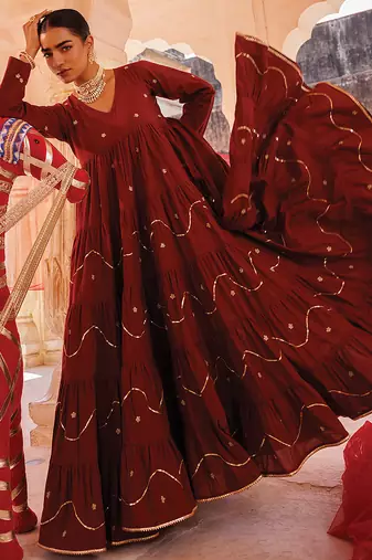 maroon embroidered cotton anarkali dress