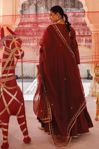 maroon embroidered cotton anarkali dress