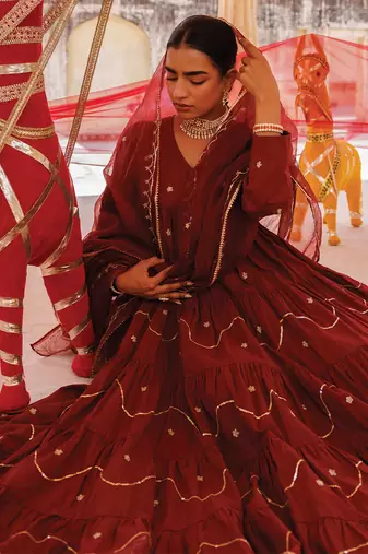 maroon embroidered cotton anarkali dress