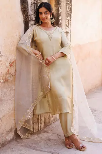 Ivory embroidered art silk kurta set