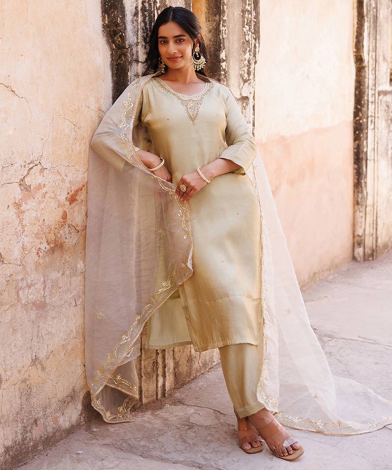 Ivory embroidered art silk kurta set