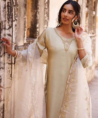 ivory embroidered art silk kurta pant set 2
