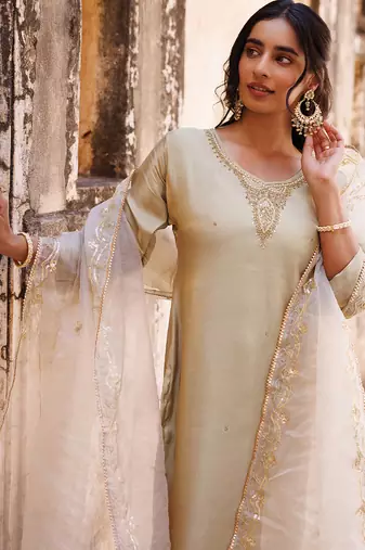 ivory embroidered art silk kurta pant set