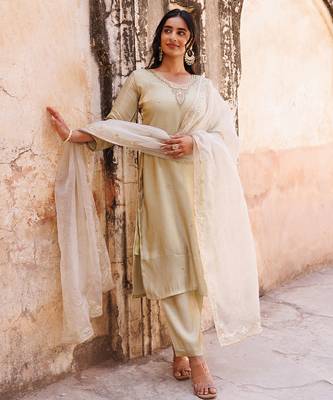 ivory embroidered art silk kurta pant set 3