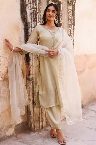 ivory embroidered art silk kurta pant set