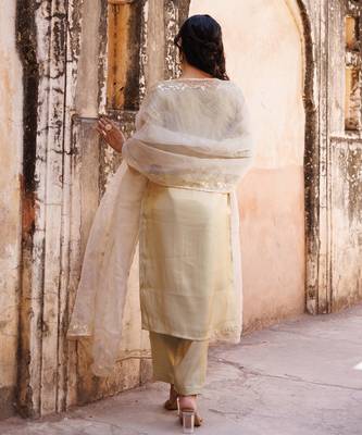 ivory embroidered art silk kurta pant set 4