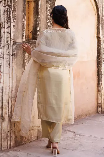 ivory embroidered art silk kurta pant set