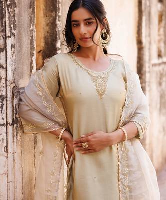 ivory embroidered art silk kurta pant set 5