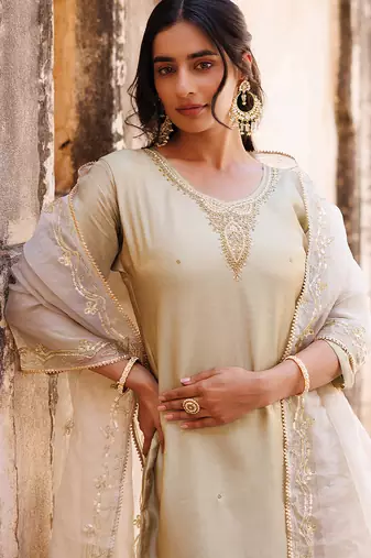 ivory embroidered art silk kurta pant set