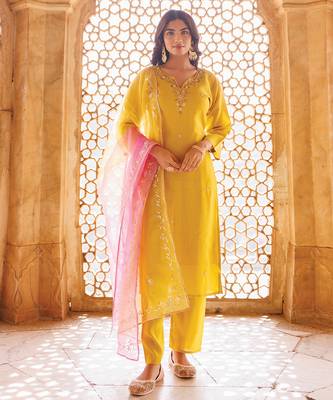 yellow embroidered art silk kurta pant set 1