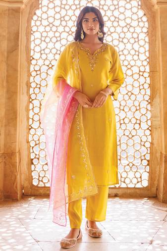Yellow embroidered art silk kurta set