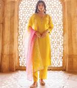 Yellow embroidered art silk kurta set