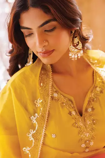 yellow embroidered art silk kurta pant set