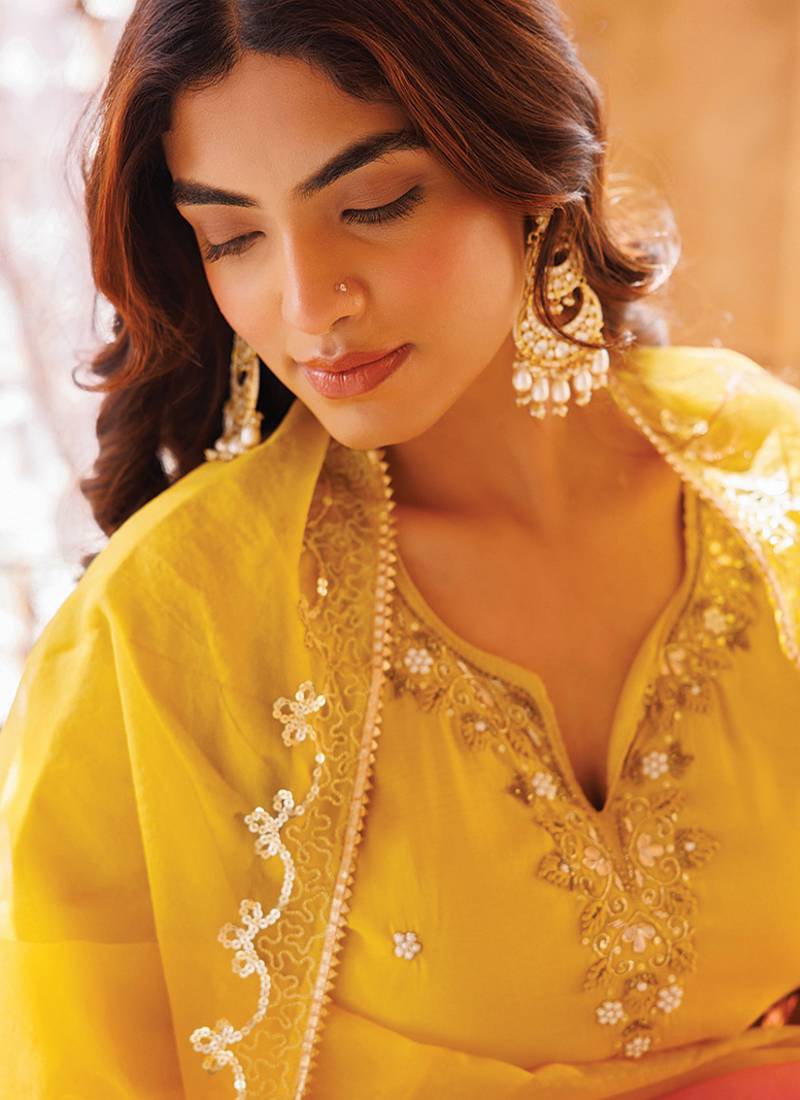 Yellow embroidered art silk kurta set