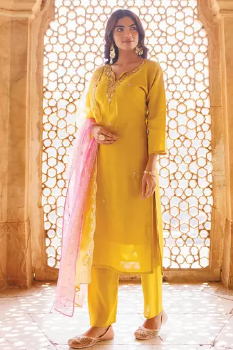 yellow embroidered art silk kurta pant set