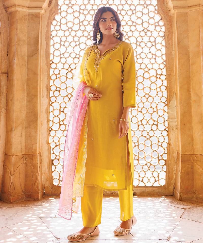 Yellow embroidered art silk kurta set