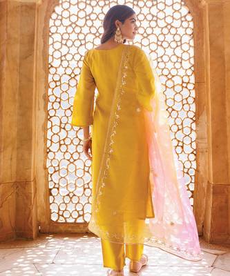 yellow embroidered art silk kurta pant set 4