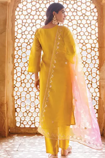 yellow embroidered art silk kurta pant set
