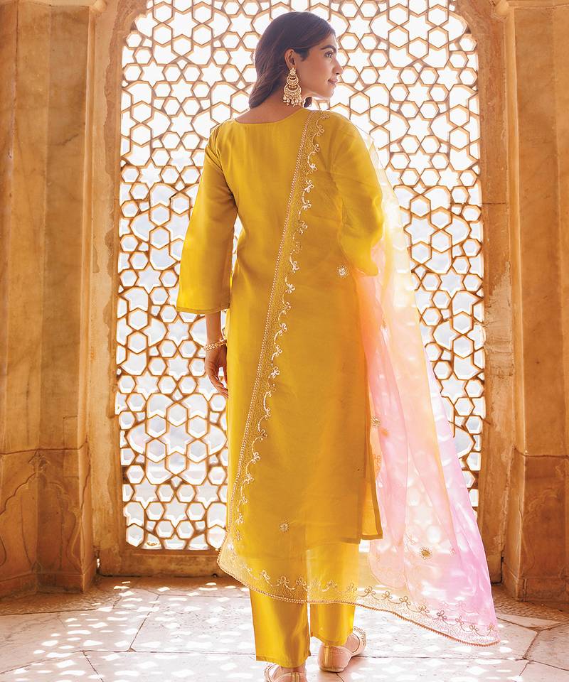 Yellow embroidered art silk kurta set