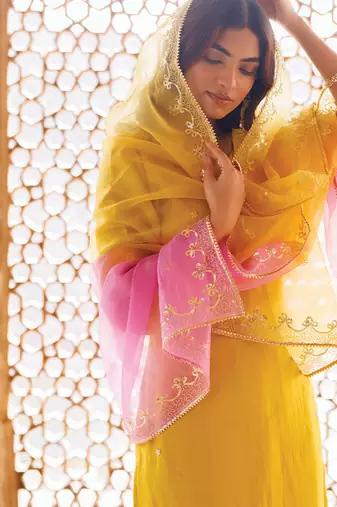 yellow embroidered art silk kurta pant set