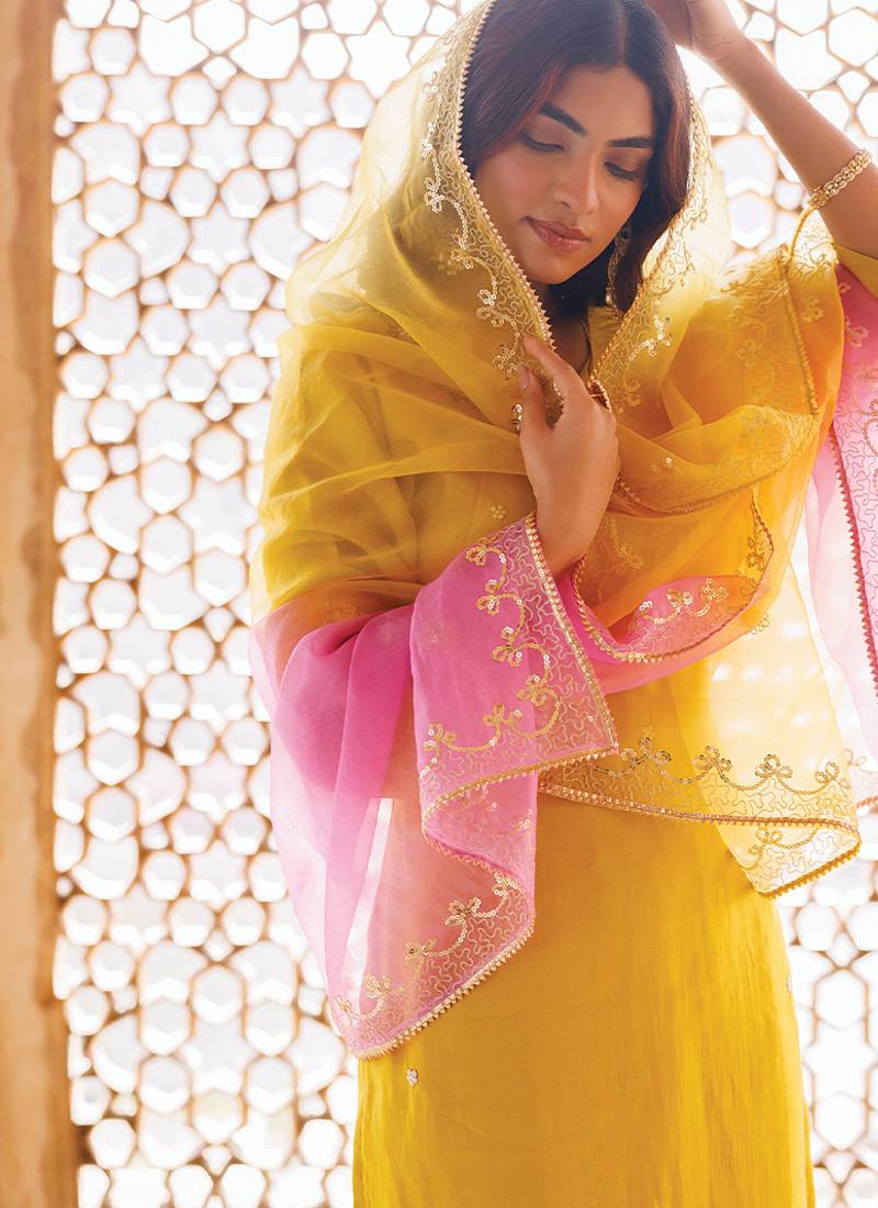 Yellow embroidered art silk kurta set