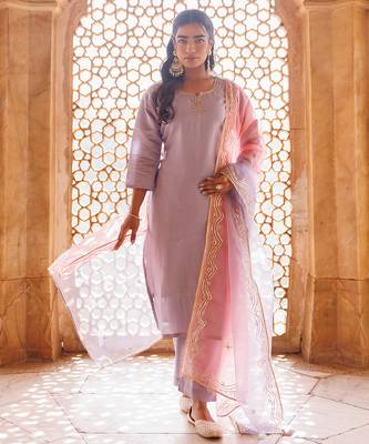 lavender embroidered art silk kurta pant set 1
