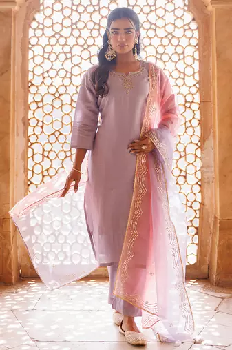 Lavender embroidered art silk kurta set